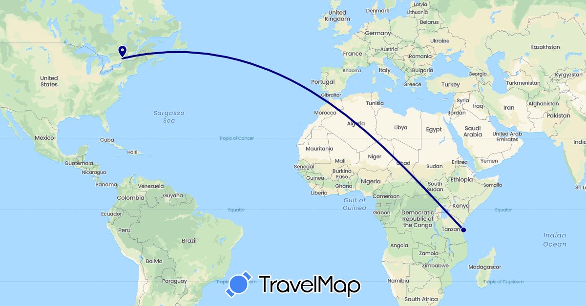 TravelMap itinerary: driving in Canada, Tanzania (Africa, North America)